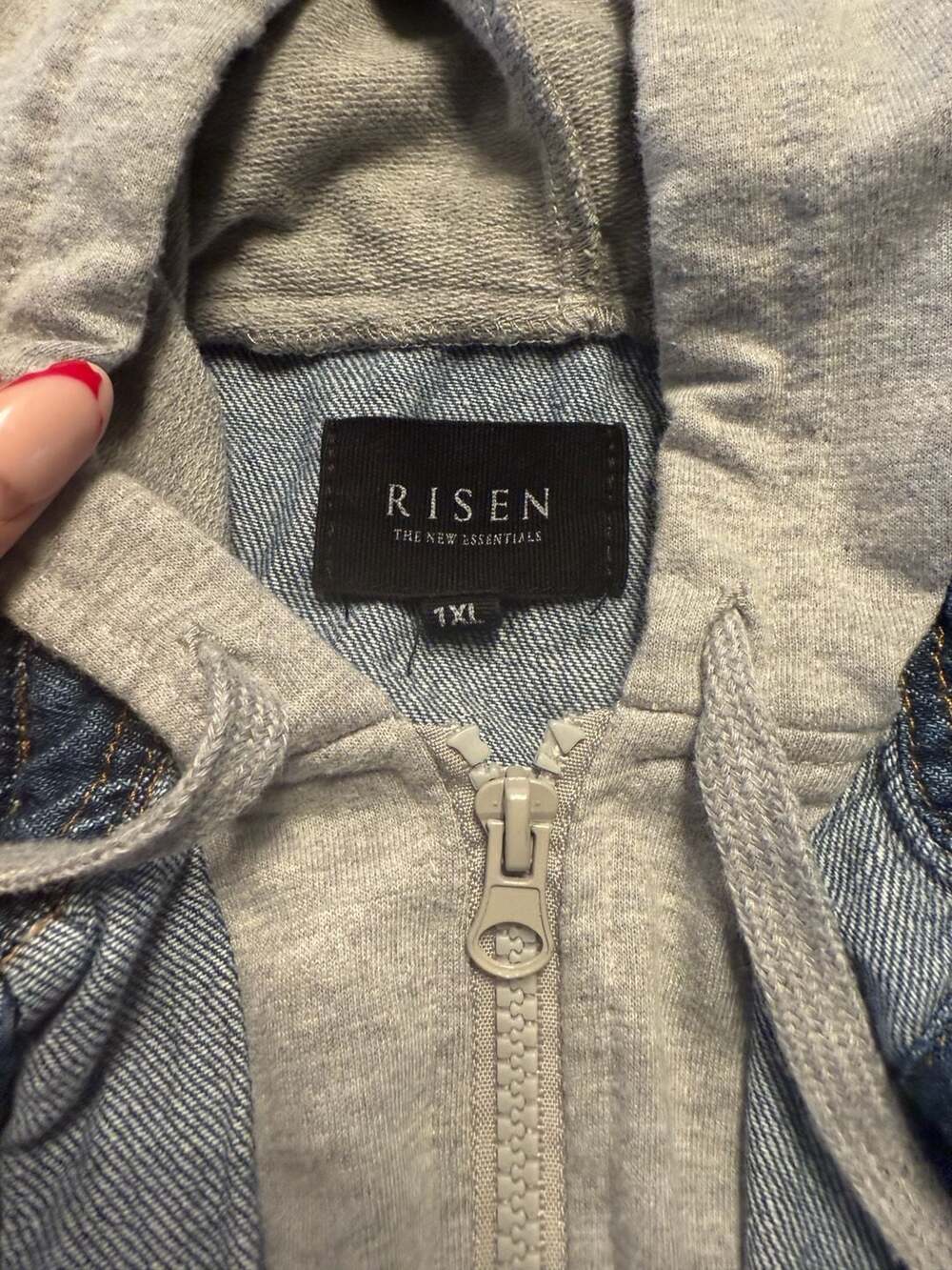 RISEN Essentials Distressed Hooded Denim Shacket Jacket layered look - Picture 2 of 4